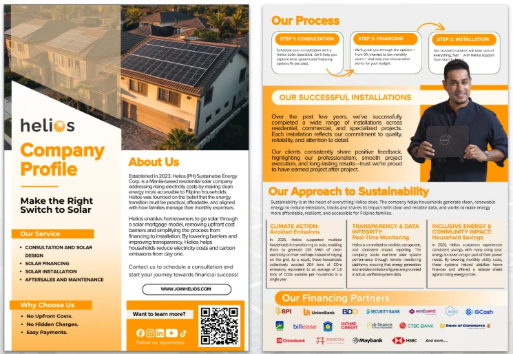 Preview of the Helios Company Profile brochure, cover and inside pages